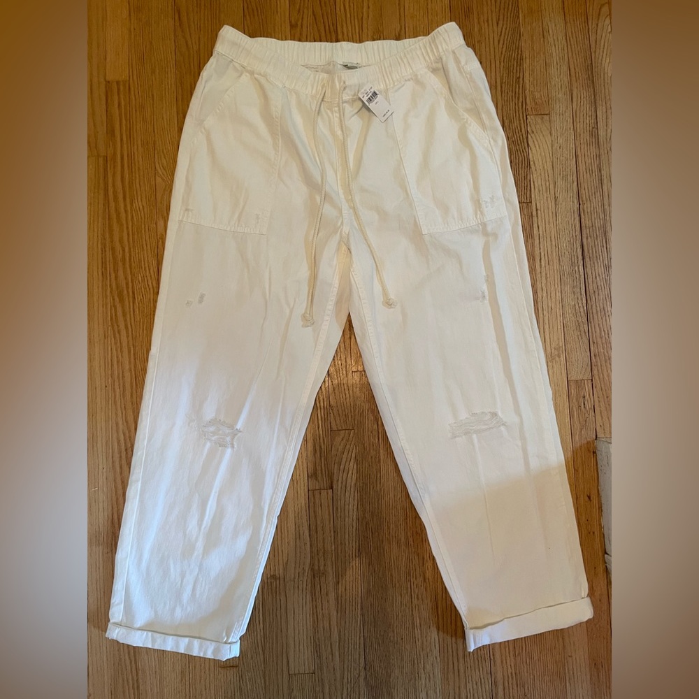 AERIE - NWT - White Cotton Drawstring Pants w/ Distressing - Size L
